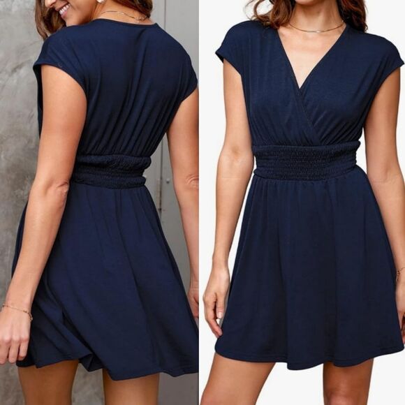 NEW L NAVY BLUE STRETCH WAIST V NECK SEXY FLOWY NAUTICAL DRESS LARGE NWT - Picture 1 of 7
